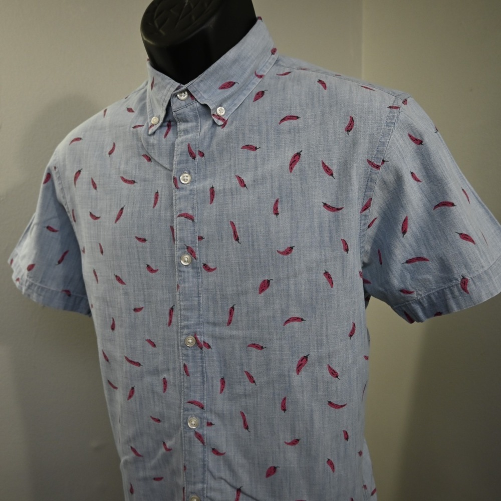 Bonobos Chilli Pepper Chambray Button Up Shirt Slim Fit Short Sleeve Mens Medium